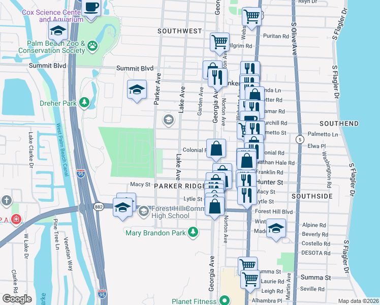 map of restaurants, bars, coffee shops, grocery stores, and more near 714 Colonial Road in West Palm Beach