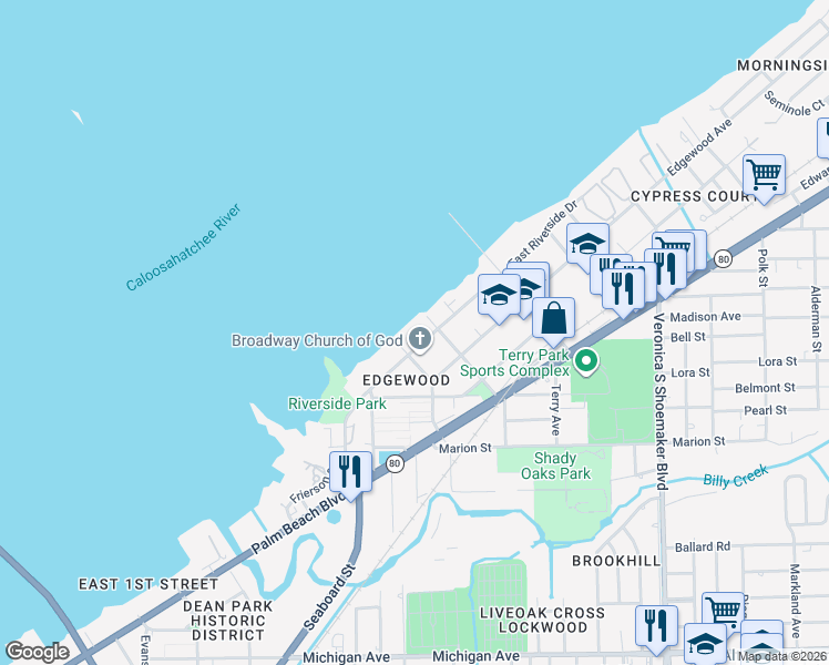 map of restaurants, bars, coffee shops, grocery stores, and more near 3225 East Riverside Drive in Fort Myers
