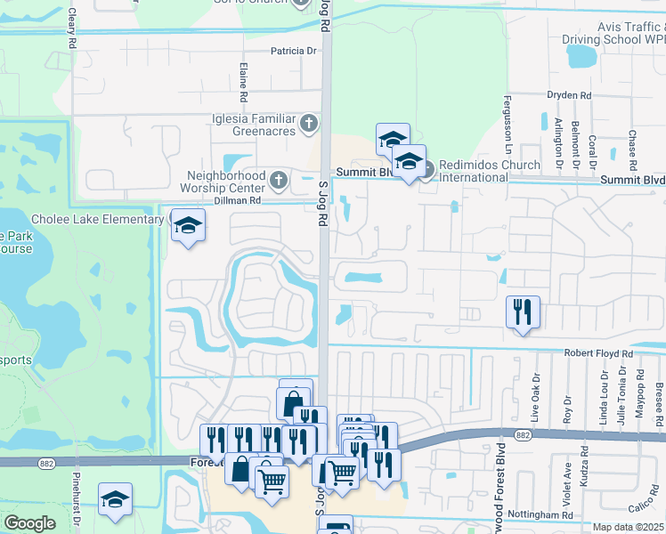 map of restaurants, bars, coffee shops, grocery stores, and more near 2804 Maplewood Drive in Greenacres
