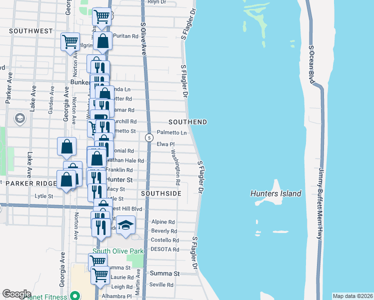 map of restaurants, bars, coffee shops, grocery stores, and more near 129 Santa Lucia Drive in West Palm Beach