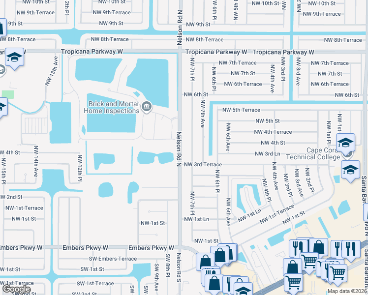 map of restaurants, bars, coffee shops, grocery stores, and more near 335 Nelson Road North in Cape Coral