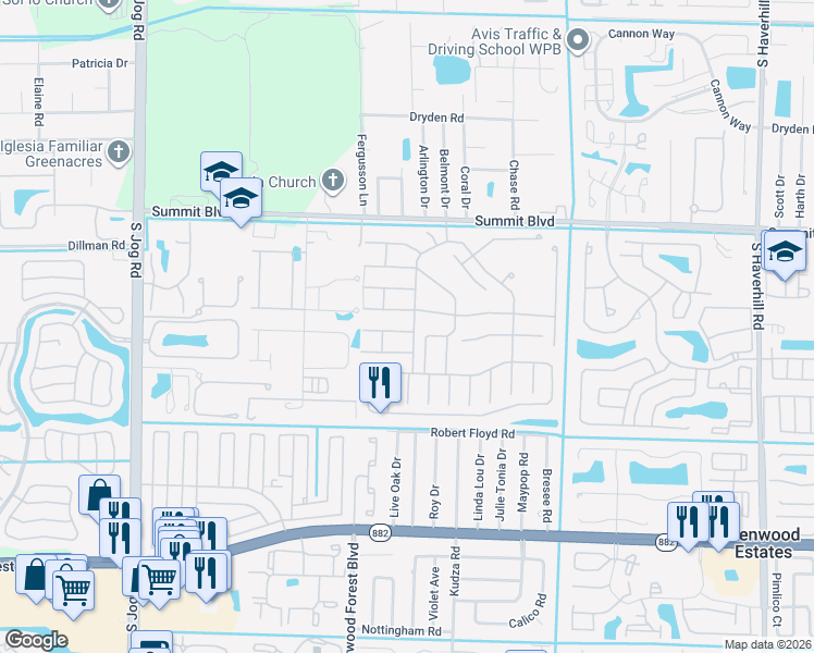 map of restaurants, bars, coffee shops, grocery stores, and more near 5795 Thisledown Court in West Palm Beach