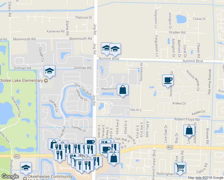 map of restaurants, bars, coffee shops, grocery stores, and more near 2502 Maplewood Drive in Greenacres