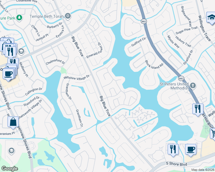 map of restaurants, bars, coffee shops, grocery stores, and more near 12980 Blue Lake Drive in Wellington