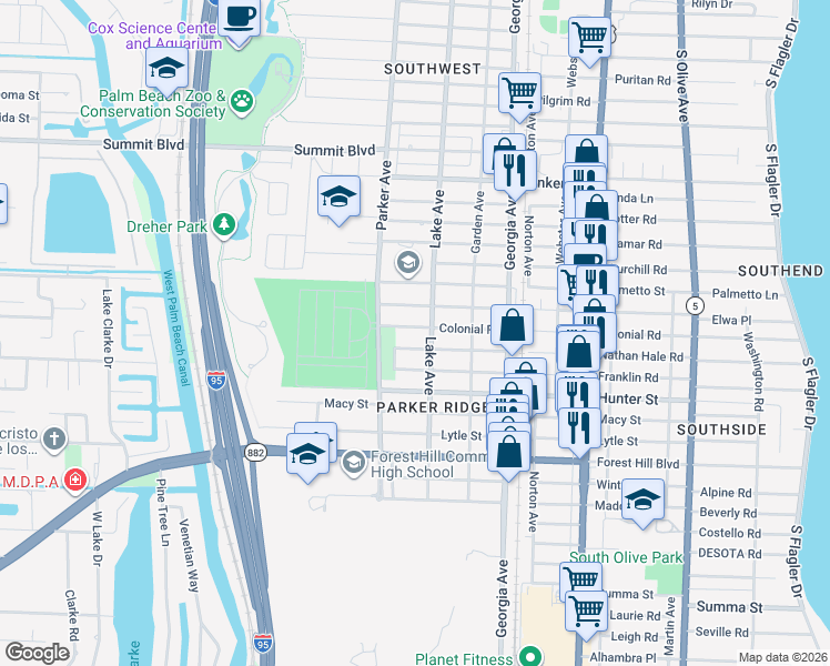 map of restaurants, bars, coffee shops, grocery stores, and more near 814 Colonial Road in West Palm Beach