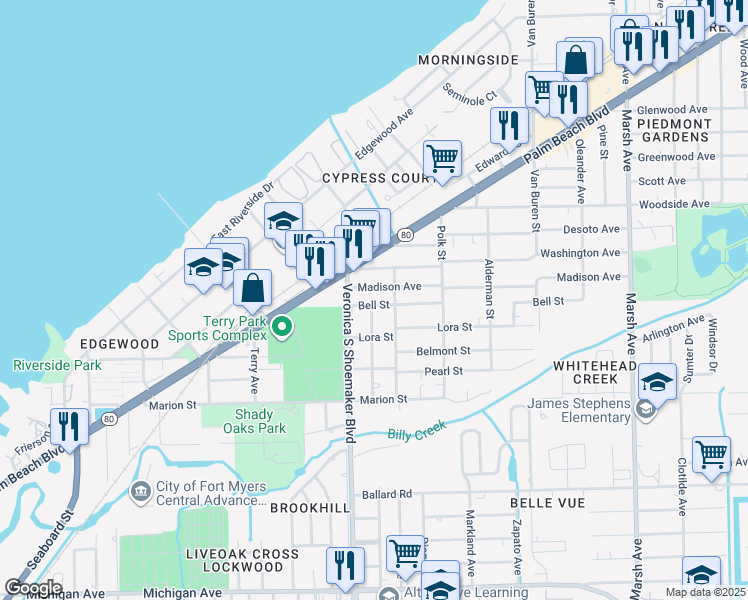 map of restaurants, bars, coffee shops, grocery stores, and more near 3628 Madison Avenue in Fort Myers