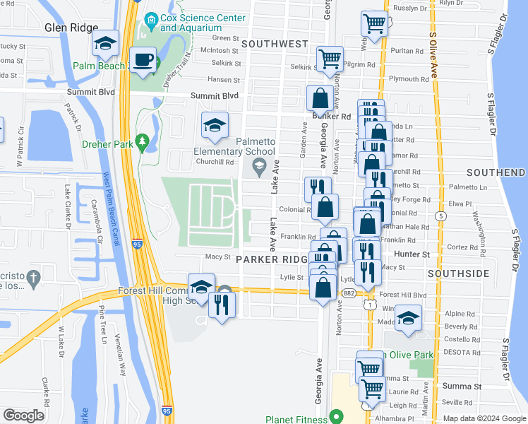 map of restaurants, bars, coffee shops, grocery stores, and more near 814 Colonial Road in West Palm Beach