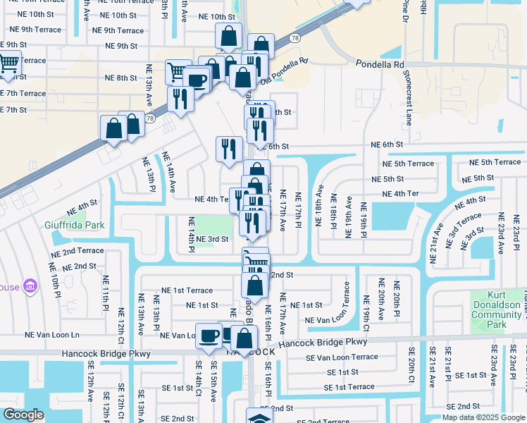 map of restaurants, bars, coffee shops, grocery stores, and more near 325 Del Prado Boulevard North in Cape Coral