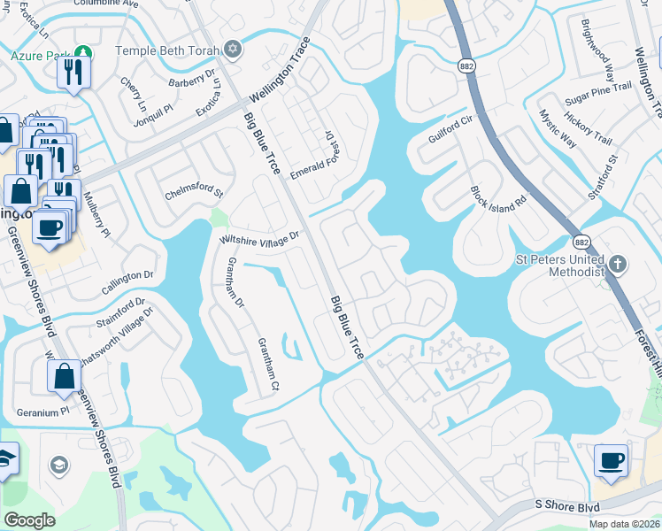 map of restaurants, bars, coffee shops, grocery stores, and more near 13036 Meadowbreeze Drive in Wellington