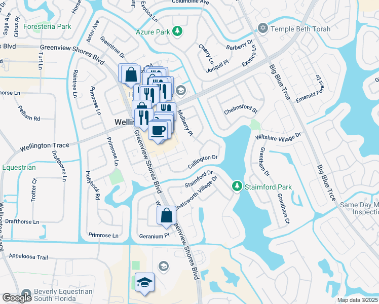 map of restaurants, bars, coffee shops, grocery stores, and more near 1524 Barrymore Court in Wellington