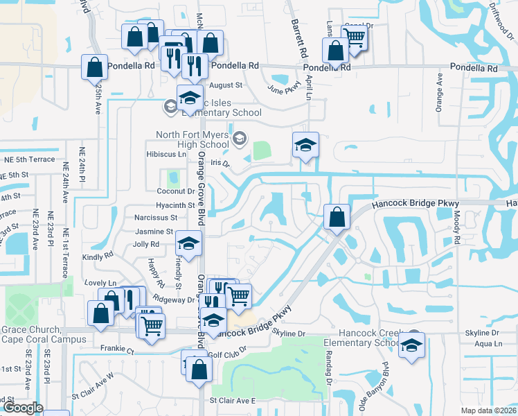 map of restaurants, bars, coffee shops, grocery stores, and more near 13410 Wild Cotton Ct in North Fort Myers