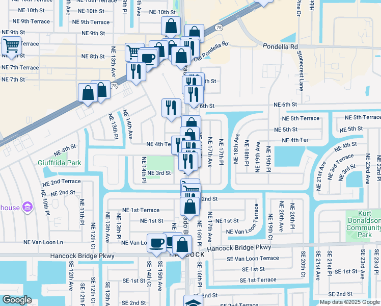 map of restaurants, bars, coffee shops, grocery stores, and more near 325 Del Prado Boulevard North in Cape Coral