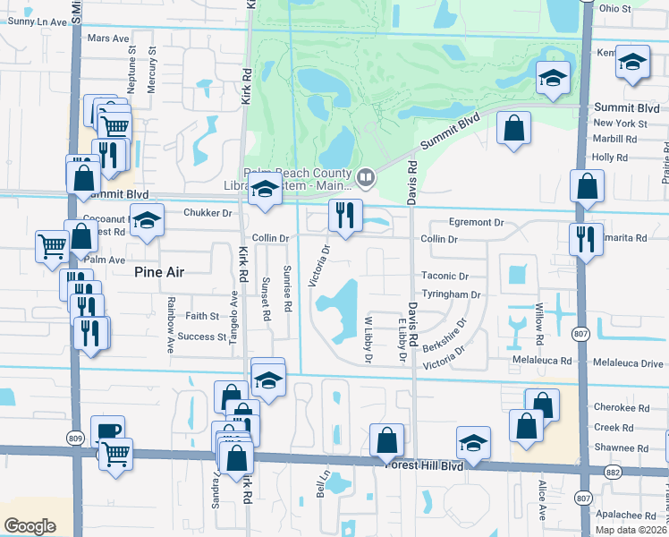 map of restaurants, bars, coffee shops, grocery stores, and more near 3887 Victoria Drive in West Palm Beach