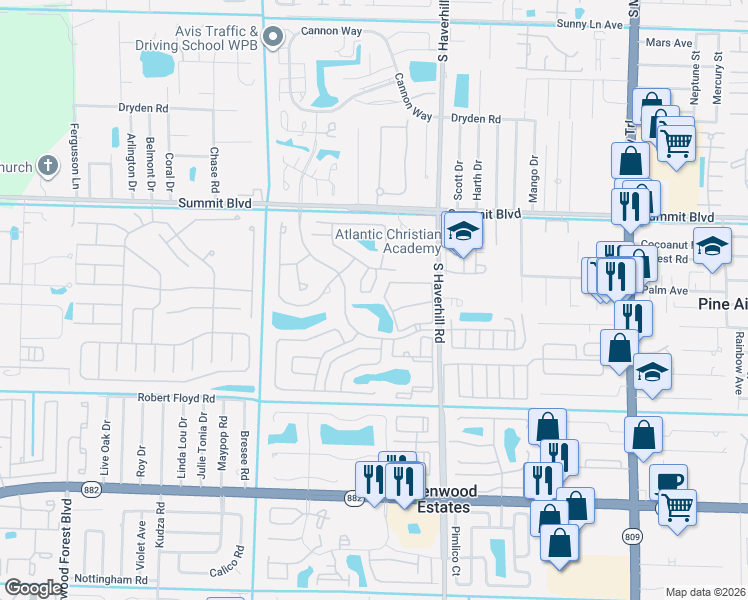 map of restaurants, bars, coffee shops, grocery stores, and more near 1206 Shibumy Circle in West Palm Beach