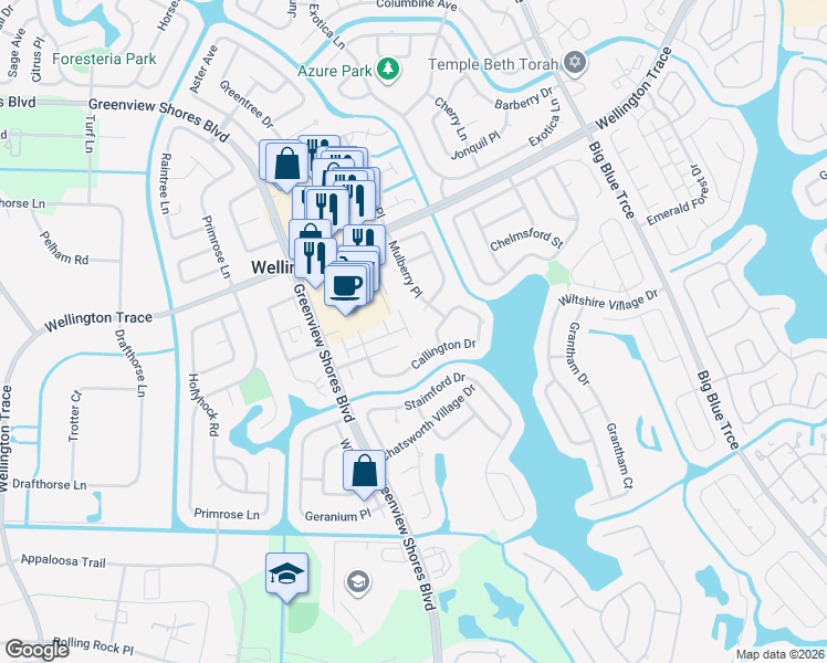 map of restaurants, bars, coffee shops, grocery stores, and more near 1524 Barrymore Court in Wellington