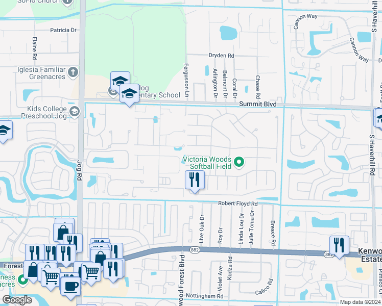 map of restaurants, bars, coffee shops, grocery stores, and more near 5873 Thisledown Court in West Palm Beach
