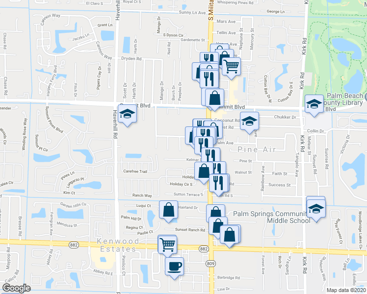 map of restaurants, bars, coffee shops, grocery stores, and more near 1206 Zill Street in West Palm Beach