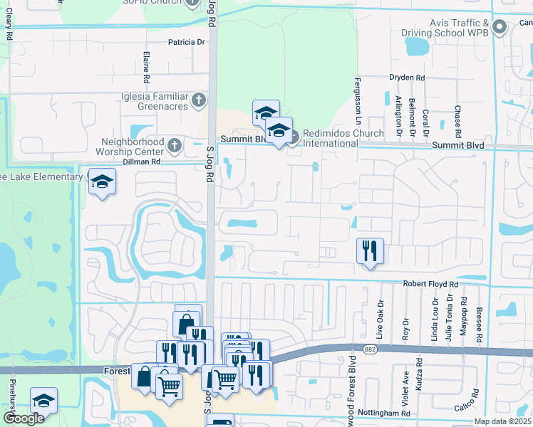 map of restaurants, bars, coffee shops, grocery stores, and more near 2201 Maplewood Drive in Greenacres