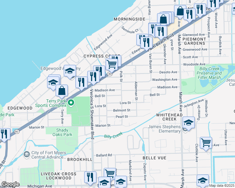 map of restaurants, bars, coffee shops, grocery stores, and more near 3757 Bell Street in Fort Myers