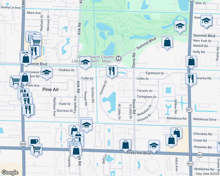 map of restaurants, bars, coffee shops, grocery stores, and more near 3887 Victoria Drive in West Palm Beach
