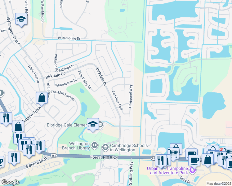 map of restaurants, bars, coffee shops, grocery stores, and more near 1470 Red Pine Trail in Wellington