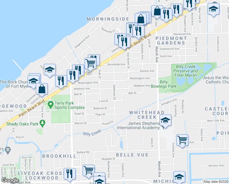 map of restaurants, bars, coffee shops, grocery stores, and more near 1010 Alderman Street in Fort Myers