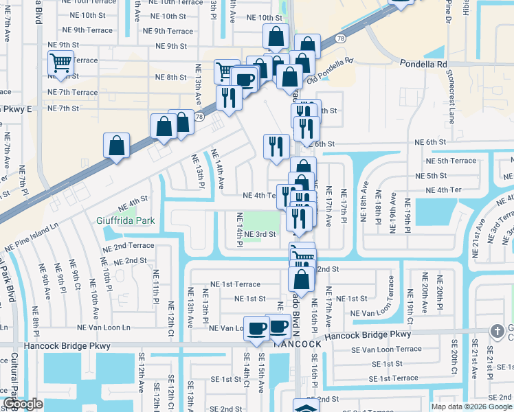 map of restaurants, bars, coffee shops, grocery stores, and more near 1433 Northeast 3rd Terrace in Cape Coral