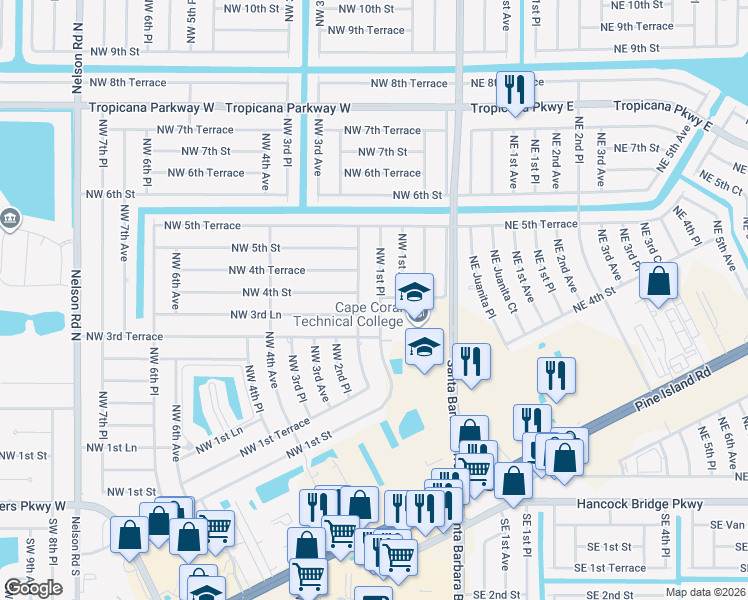 map of restaurants, bars, coffee shops, grocery stores, and more near 332 Northwest 1st Place in Cape Coral
