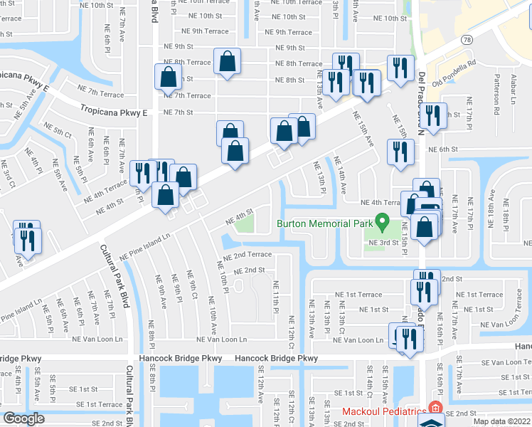 map of restaurants, bars, coffee shops, grocery stores, and more near 322 Northeast 11th Place in Cape Coral