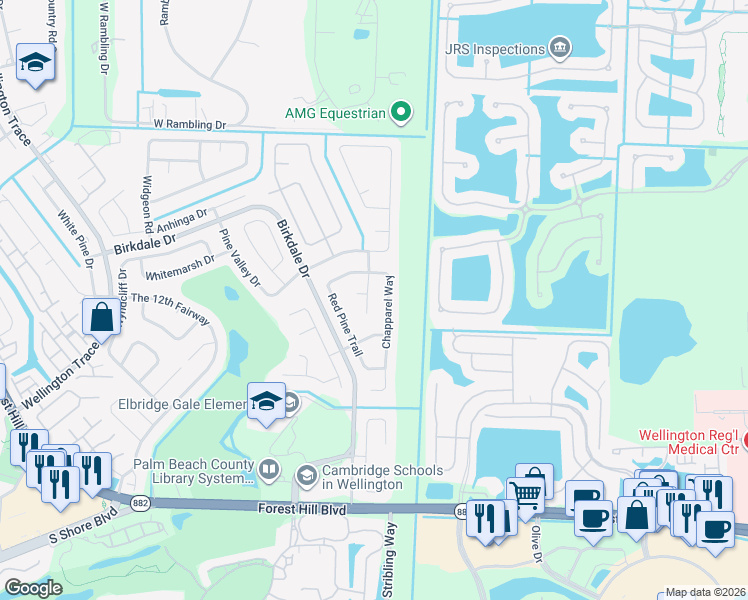 map of restaurants, bars, coffee shops, grocery stores, and more near 1414 Spanish Oak Way in Wellington