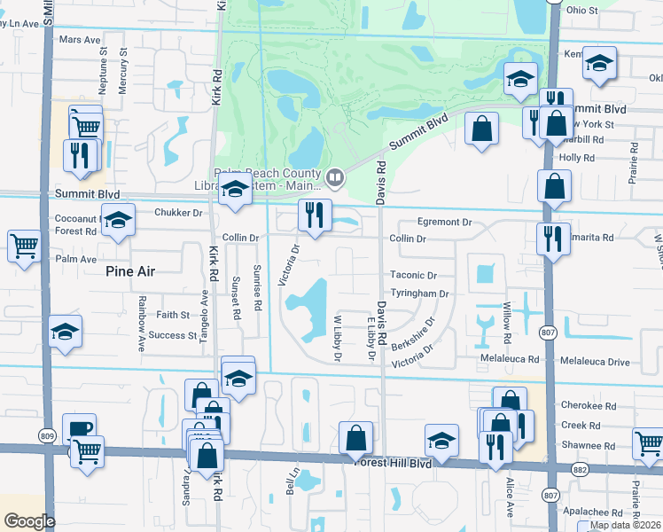 map of restaurants, bars, coffee shops, grocery stores, and more near 1181 West Mountain Drive in West Palm Beach