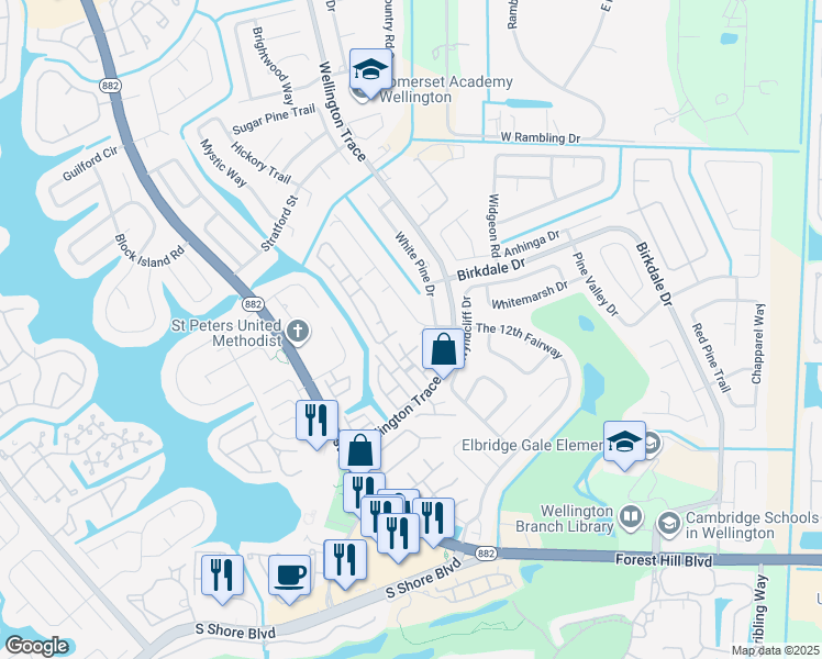 map of restaurants, bars, coffee shops, grocery stores, and more near 1484 Waterway Cove Drive in Wellington