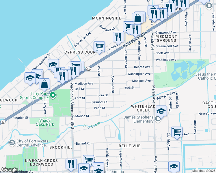 map of restaurants, bars, coffee shops, grocery stores, and more near 3822 Madison Avenue in Fort Myers