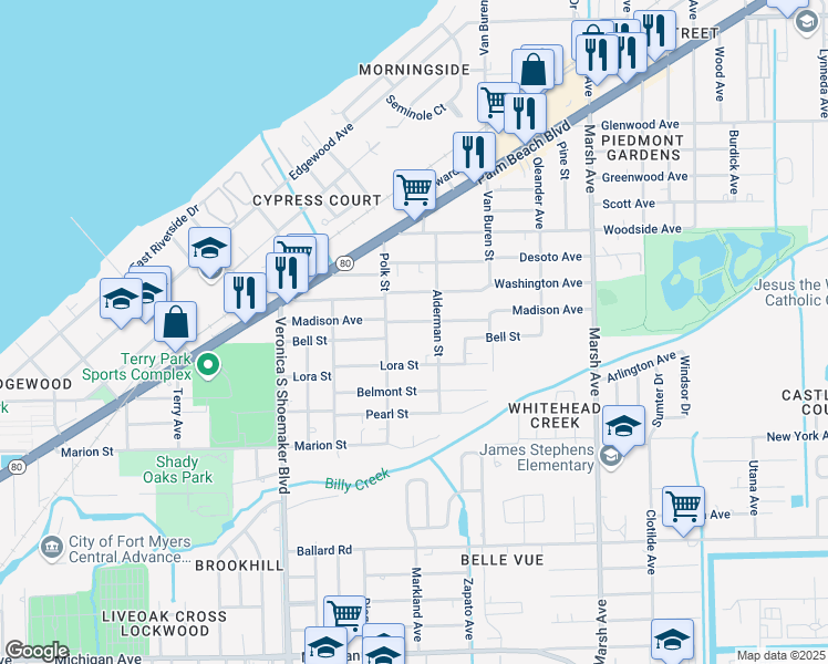 map of restaurants, bars, coffee shops, grocery stores, and more near 3822 Madison Avenue in Fort Myers