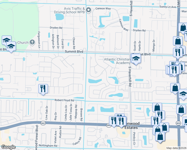 map of restaurants, bars, coffee shops, grocery stores, and more near 1160 Summit Place Circle in West Palm Beach
