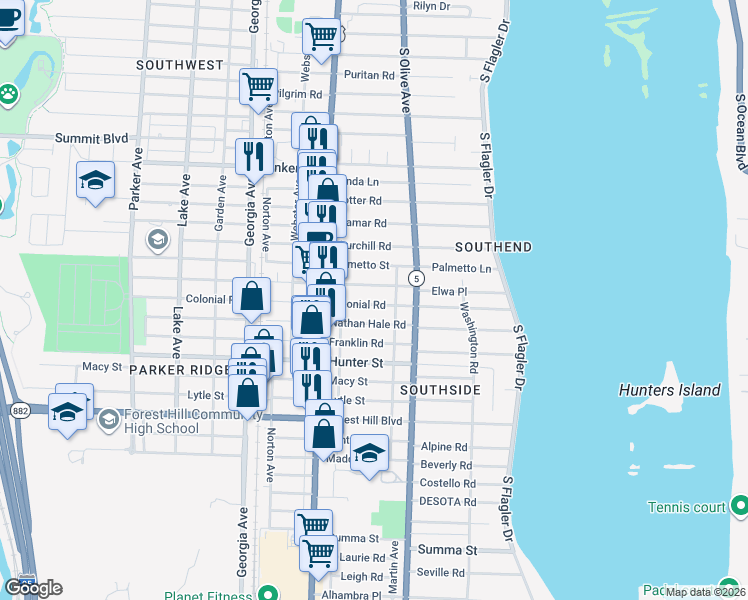 map of restaurants, bars, coffee shops, grocery stores, and more near 345 Colonial Road in West Palm Beach