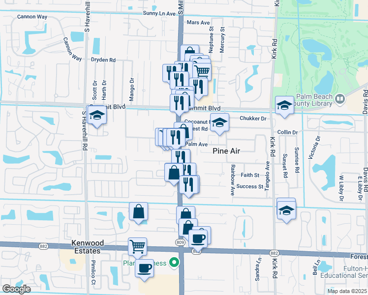 map of restaurants, bars, coffee shops, grocery stores, and more near 1180 South Military Trail in West Palm Beach