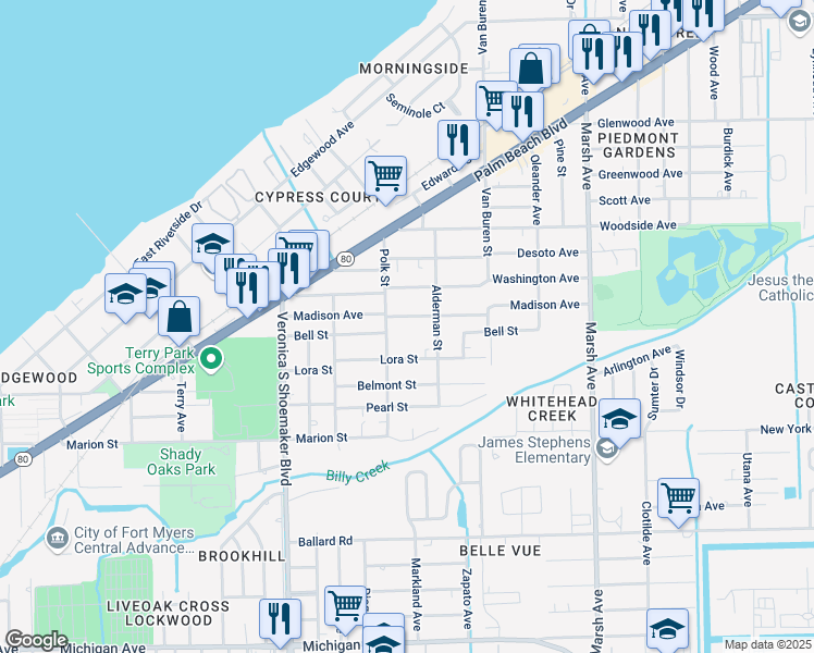 map of restaurants, bars, coffee shops, grocery stores, and more near 3822 Madison Avenue in Fort Myers