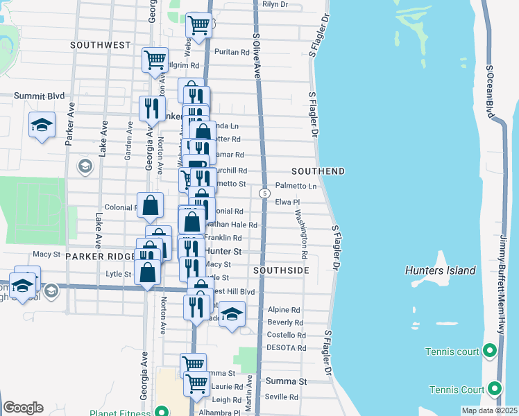 map of restaurants, bars, coffee shops, grocery stores, and more near 301 Colonial Road in West Palm Beach