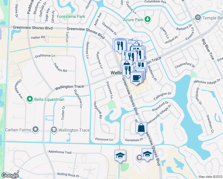 map of restaurants, bars, coffee shops, grocery stores, and more near 1519 Hawthorne Place in Wellington
