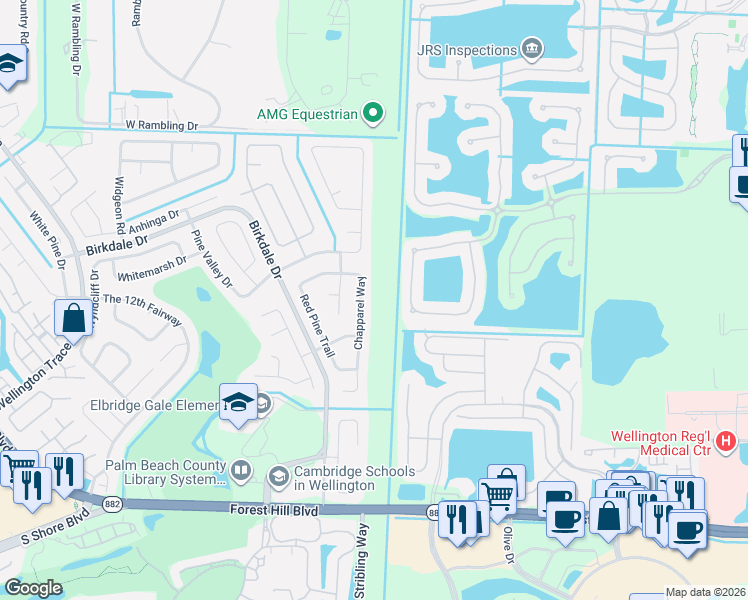 map of restaurants, bars, coffee shops, grocery stores, and more near 1460 Chapparel Way in Wellington