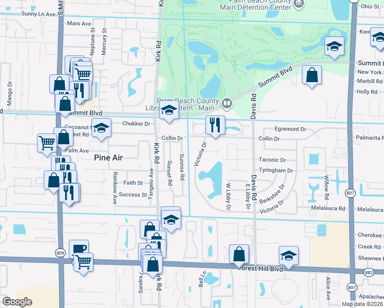 map of restaurants, bars, coffee shops, grocery stores, and more near 3880 Victoria Drive in West Palm Beach