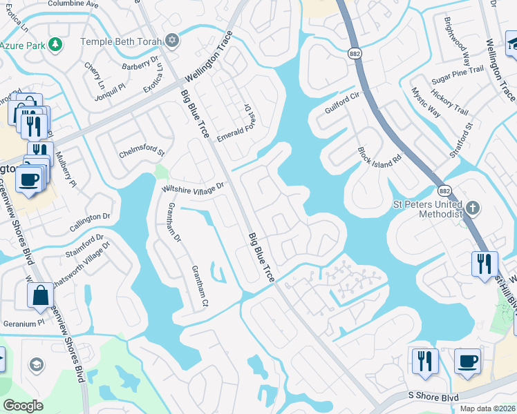 map of restaurants, bars, coffee shops, grocery stores, and more near 13011 Blue Lake Drive in Wellington
