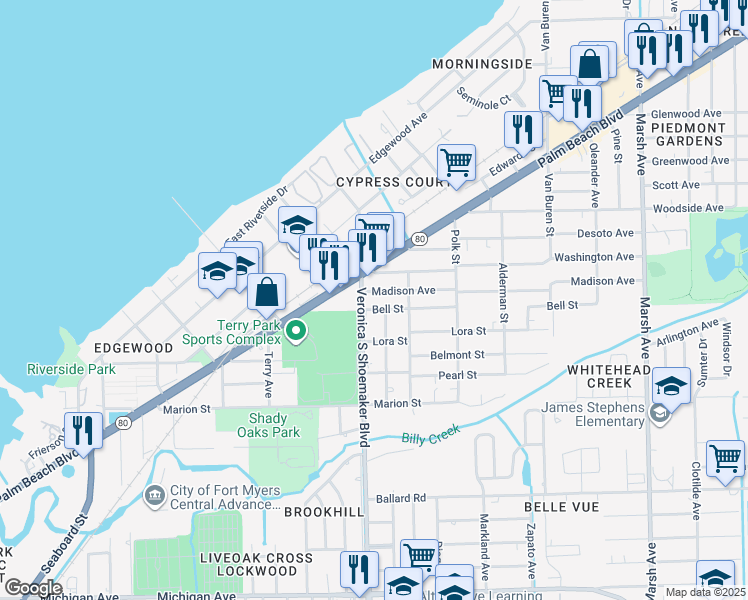 map of restaurants, bars, coffee shops, grocery stores, and more near 3628 Madison Avenue in Fort Myers