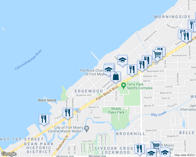 map of restaurants, bars, coffee shops, grocery stores, and more near 3339 Edgewood Avenue in Fort Myers