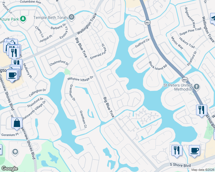 map of restaurants, bars, coffee shops, grocery stores, and more near 13011 Blue Lake Drive in Wellington
