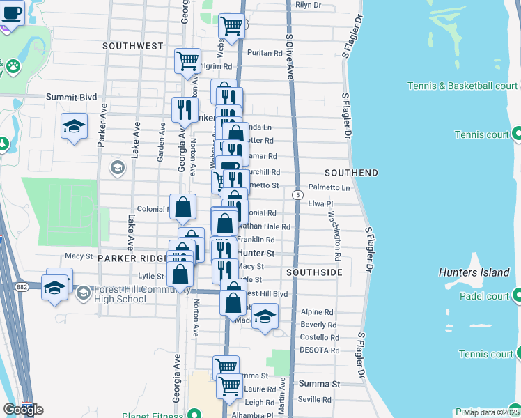 map of restaurants, bars, coffee shops, grocery stores, and more near 357 Colonial Road in West Palm Beach