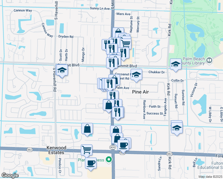 map of restaurants, bars, coffee shops, grocery stores, and more near 1180 South Military Trail in West Palm Beach
