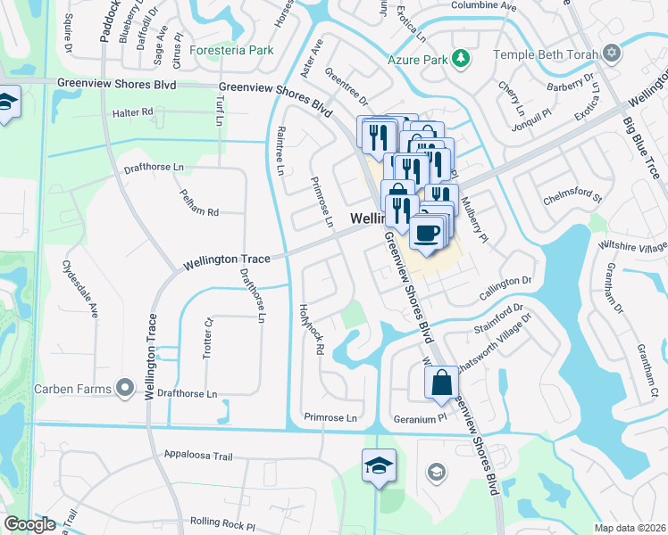 map of restaurants, bars, coffee shops, grocery stores, and more near 1510 Firethorn Drive in Wellington
