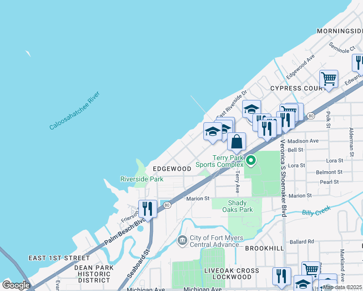 map of restaurants, bars, coffee shops, grocery stores, and more near 3225 East Riverside Drive in Fort Myers